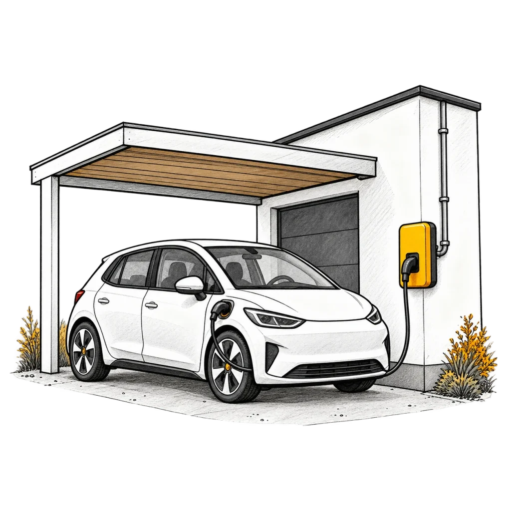 Ilustrácia elektromobilu pod prístreškom pripojeného k wallboxu na stene garáže