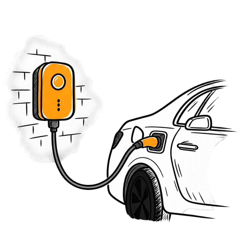 Ilustrácia elektromobilu pripojeného k nabíjačke