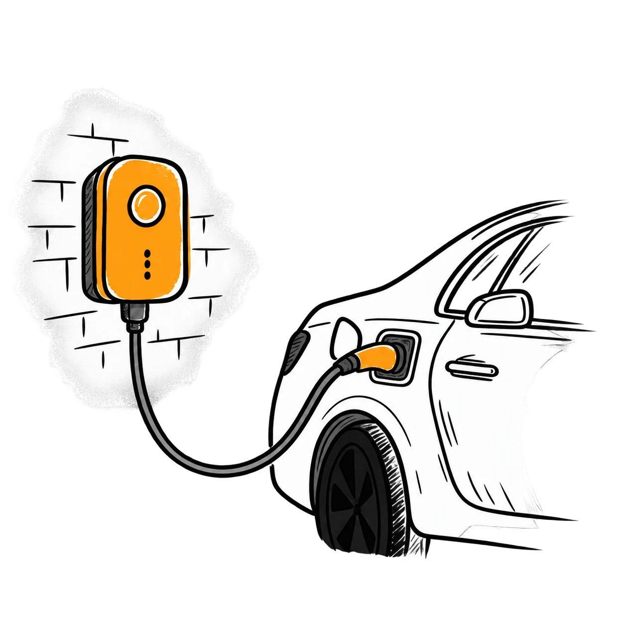 Kreslená ilustrácia nabíjania elektromobilu pri dome